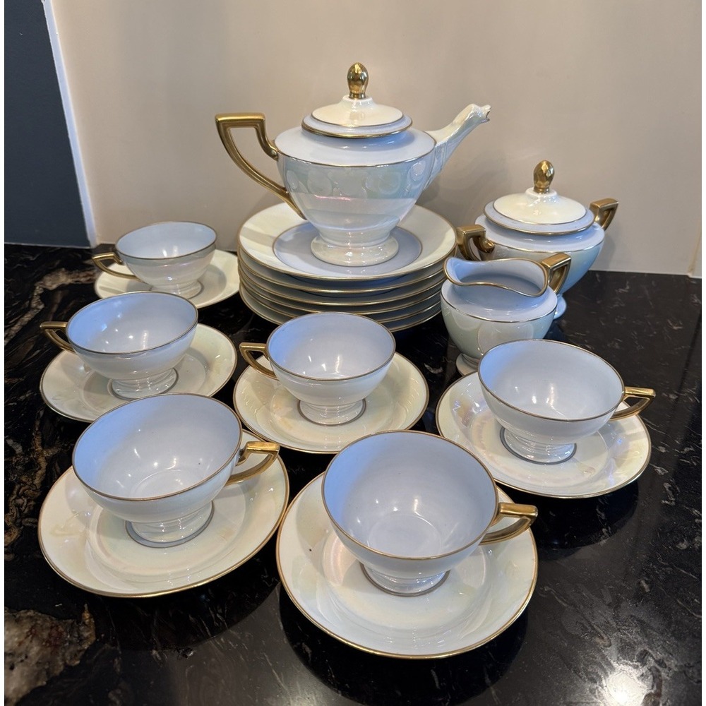 Antique 1920 Thomas Bavaria Porcelain Blue & Iridescent White Luncheon Set for 6